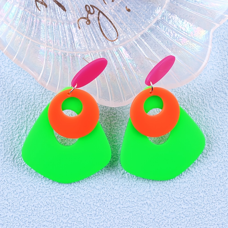 2pcs Geometric Color-Block Long Acrylic Drop Earrings